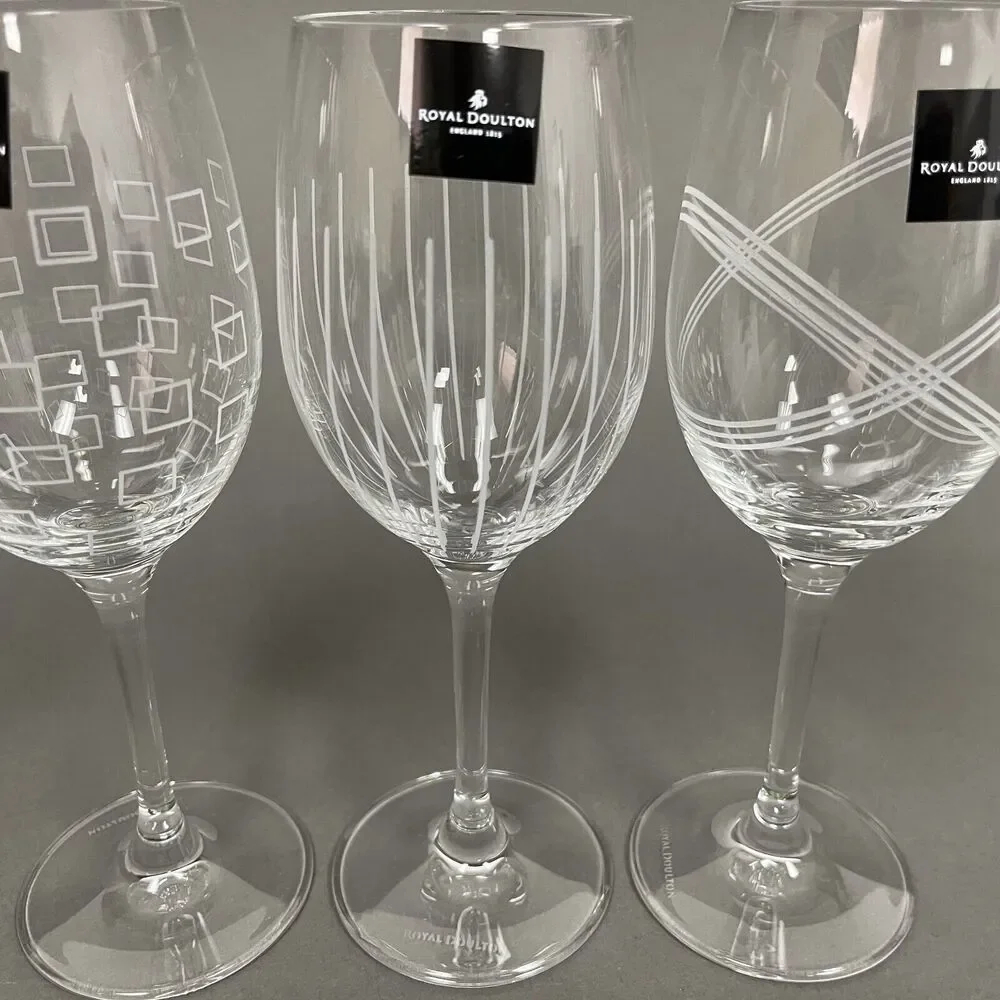 Royal Doulton Cystal Party Wine Glass Glasses‎ Squares Etched Lines Clear - 3